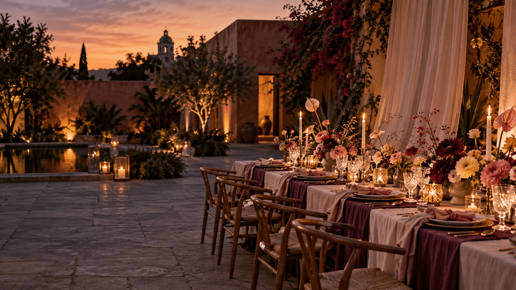 Montaje de celebración al atardecer con mesa, flores, velas y textiles