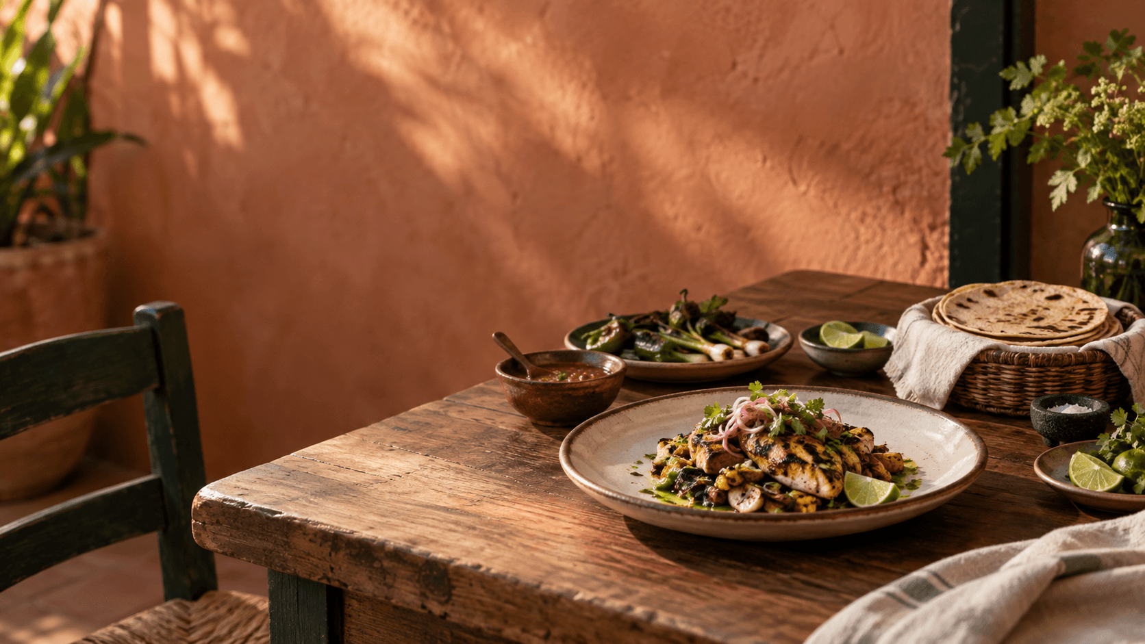Mesa cálida con un platillo a la brasa, tortillas, salsa y vegetales